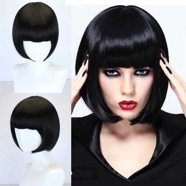 

synthetic wigs joy&beauty straight black brown bug bob wig with bangs women's short length hair heat resistant bobo hairstyle daily