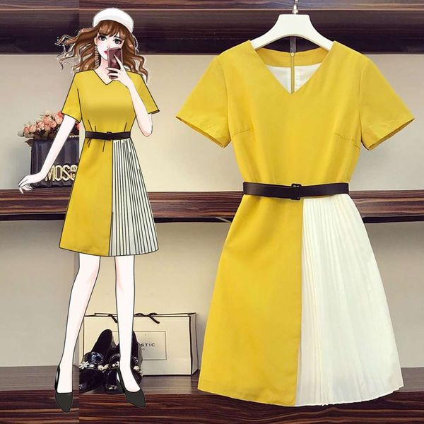 

2020 summer new slightly fat sister fashion foreign style age reducing belly covering and waist closing large size women's dress, Black;gray