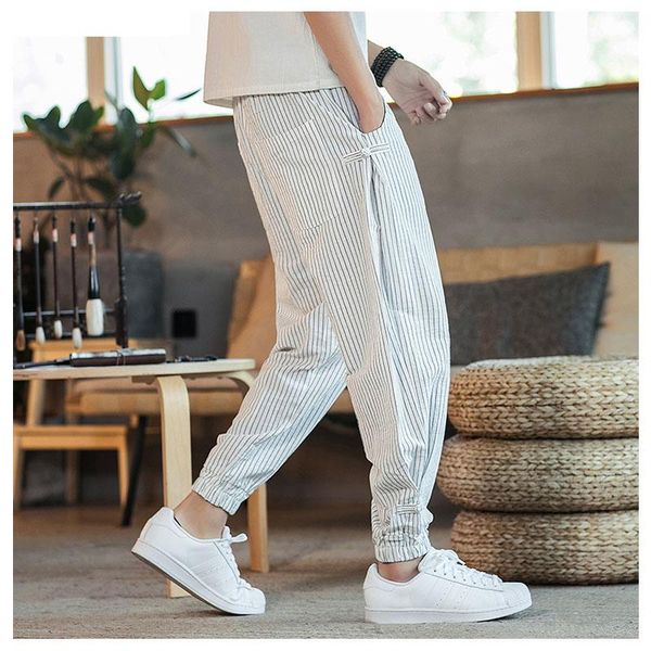 

men's pants men black white striped harem 2021 fashion man casual loose cotton linen male trousers 5xl
