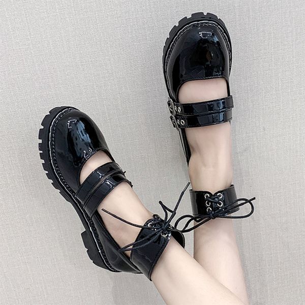 

lolita shoes double buckle platform shoes patent leather ankle strap thick sole girls shoes retro lace up casual 8981n, Black;white