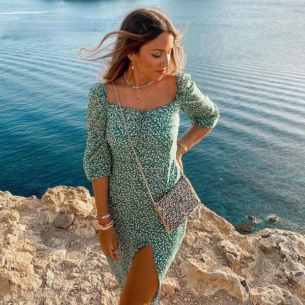 

casual dresses spring vintage long sleeve green floral dress women autumn winter slit maxi 2021 leaf print boho vestidos, Black;gray