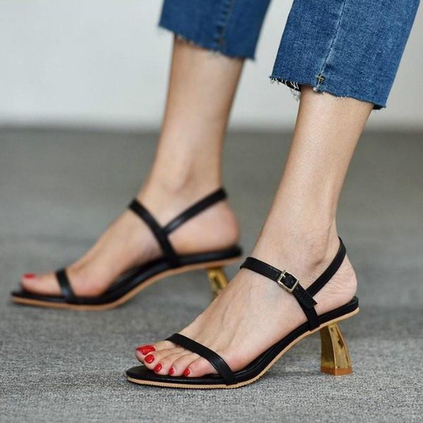 

dress shoes women classic design lace up slippers leather round toe sandals thick heels summer woman size 35-39, Black