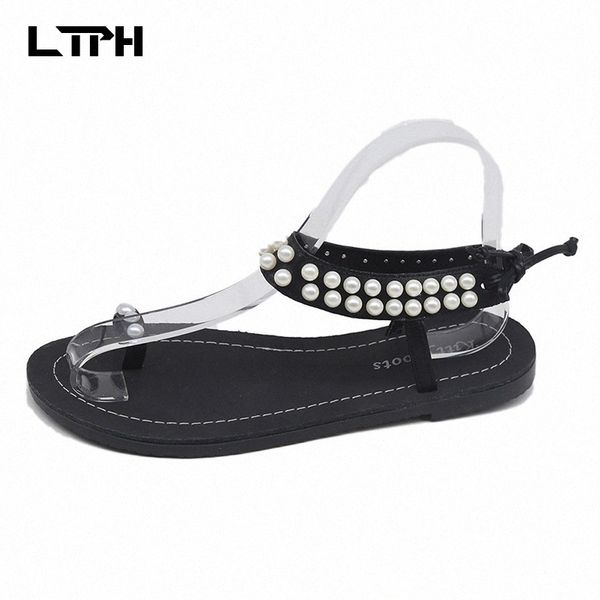 

2020 new summer fairy wind sandals female ins simple wild set toe pearl flat shoes beach sandals and slippers women shoes for wo 54wp#, Black