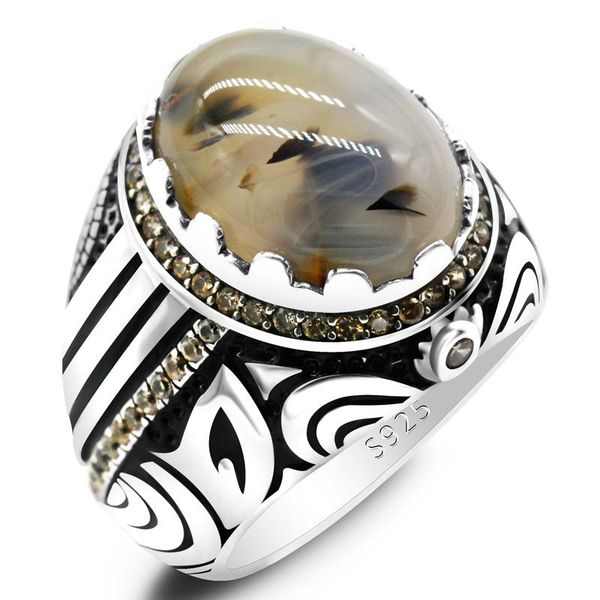 

cluster rings natural agate ring for men 925 sterling silver vintage oval gemstone male turkish handmade jewelry husband gift, Golden;silver