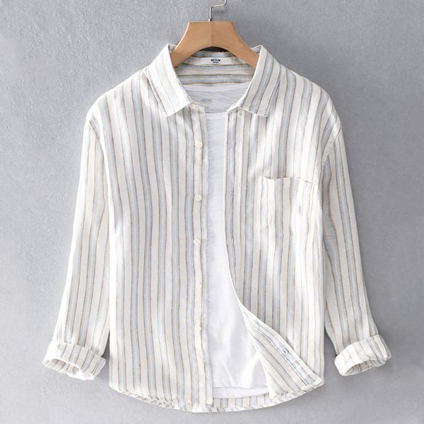 

2021 spring new plaid linen stand collar loose leisure shirts for men fashion long-sleeved brand shirt mens chemise 8ic9, White;black