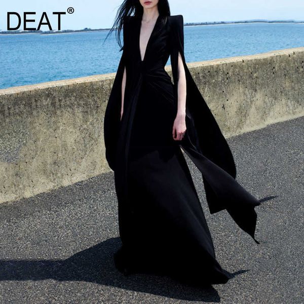 

[deat] spring summer fashion v-neck high waist black loose temperament elegant dress women quality 13c780 210527, Black;gray