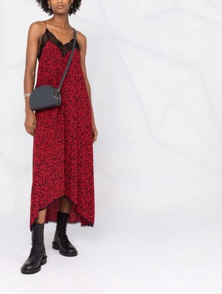 

casual dresses silk floral print lace irregular sling dress women french v-neck stitching lady, Black;gray
