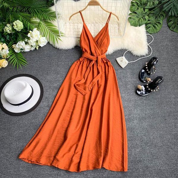 

casual dresses ftlzz maldives holiday dress backless straps v-neck women solid color thai seaside maxi long big swing fairy, Black;gray