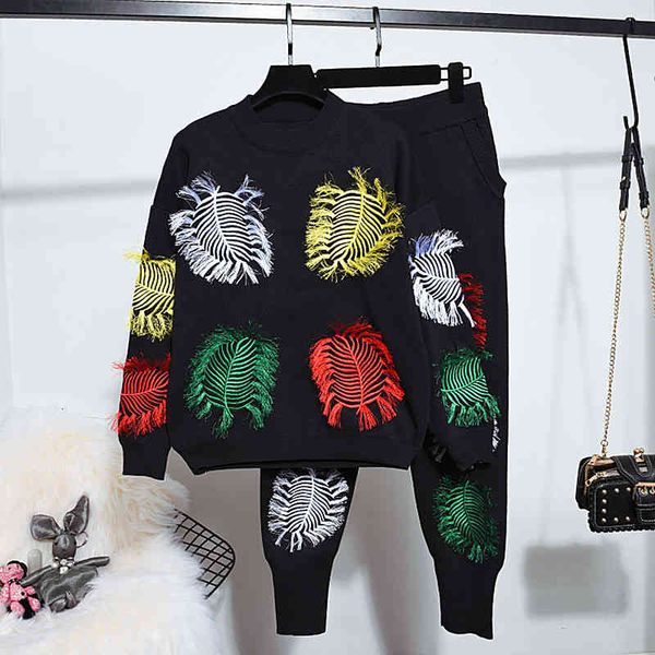 

women's two piece pants female set autumn winter black knitting suit tassel embroidery loose knitted sweater long pencil women ne6r, White