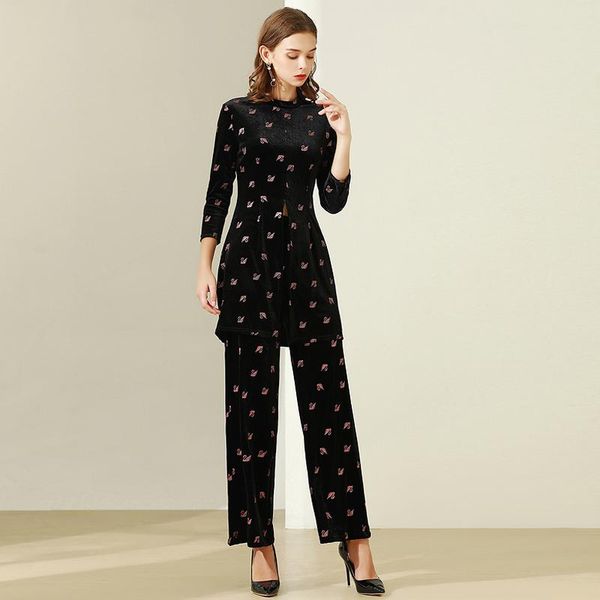 

designer autumn new fashion party casual round neck long loose trousers elegant swan velvet women's sets, White