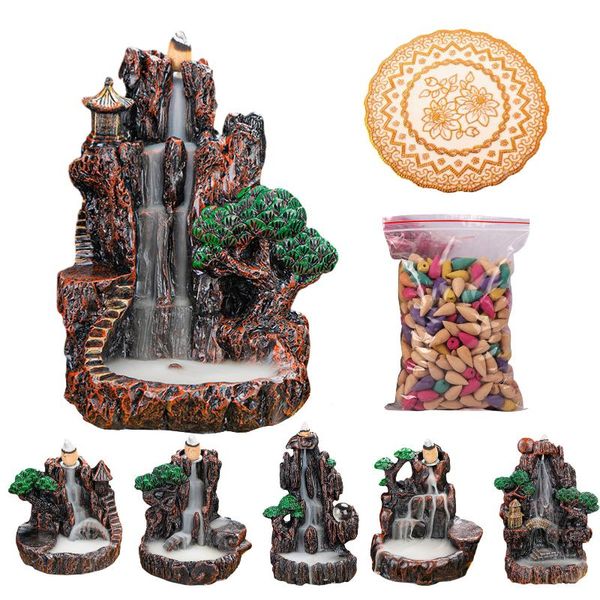 

fragrance lamps resin backflow waterfall smoke incense burner river mountain holder with 50cones anti-slip mat home decor