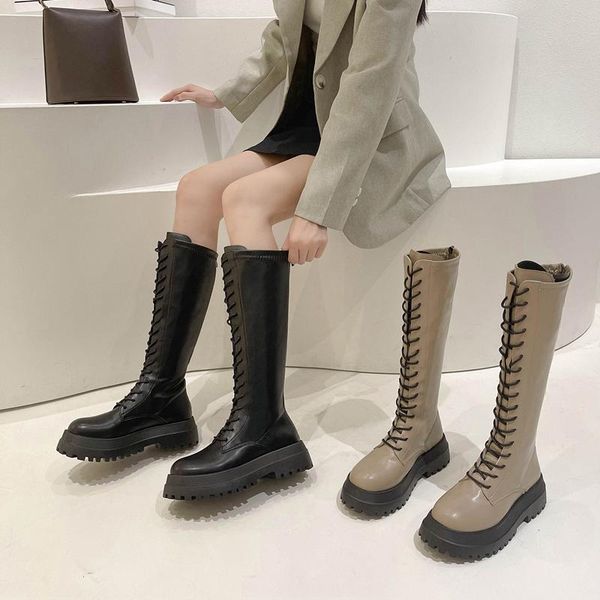 

boots women's autumn boots-women thigh high heels round toe shoes zipper 2021 rubber lolita med over-the-knee, Black