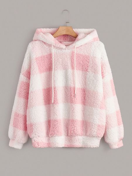 

plus drop shoulder buffalo plaid teddy hoodie h1o3#, Black