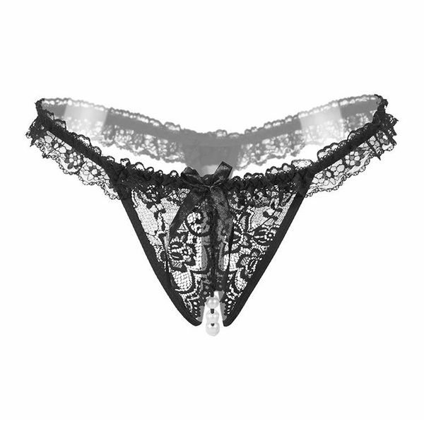 

women's panties female massage pearl underwear lingerie g-stings hollow out bow thong girls lace t-back, Black;pink