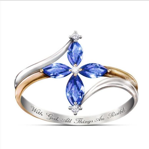 

wedding rings blue crystal horse eye zircon two-tone ring european and american gold plated, Slivery;golden