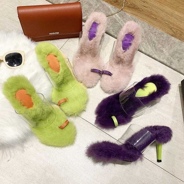 

womens summer shoes furry fur sandals 2020 high heels transparent fashion slippers slip on slides female sandals casual w2sn#, Black