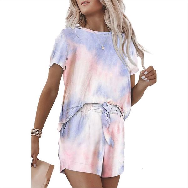 

2pieces casual loose tie dye womenpant clothing sets short sleeve high waist shorts sportwear homewear, White
