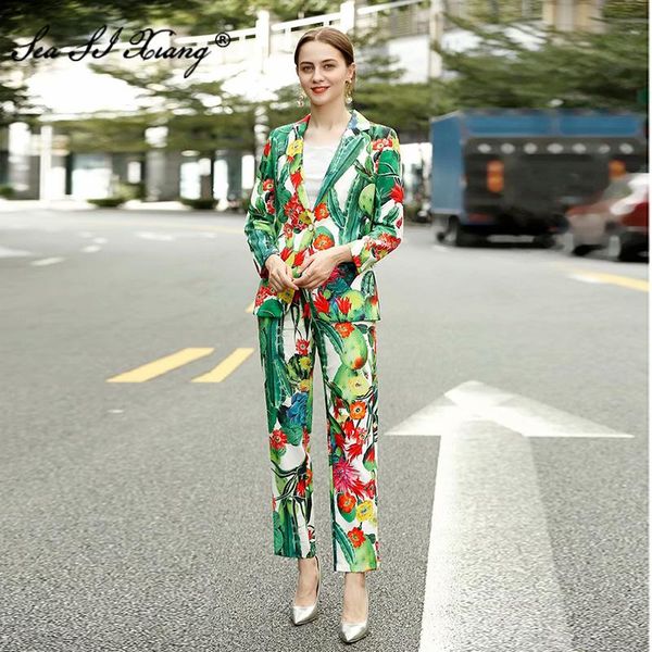 

seasixiang fashion designer autumn set women's long sleeve suit coat + long pants cactus flower print two-piece sets, White