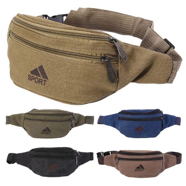 

men casual durable fanny pack waist bags belt-bag canvas hip bum military bag pouch three zipper pockets