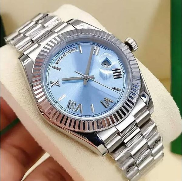

2 styles men's automatic watch fashion classic roman ice blue face 41mm diamond bezel stainless steel fold buckle, Slivery;brown