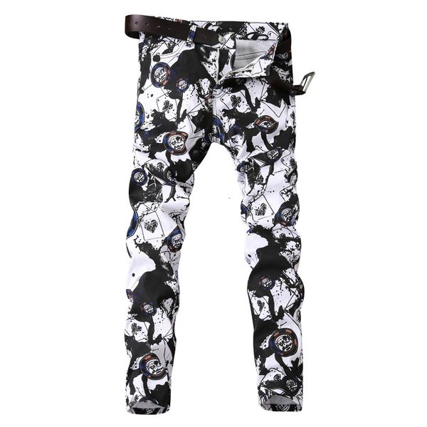 

2021 new man trendy trousers spring summer men's male stretch white personality printed jeans european and american mid-waist pants k32, Blue