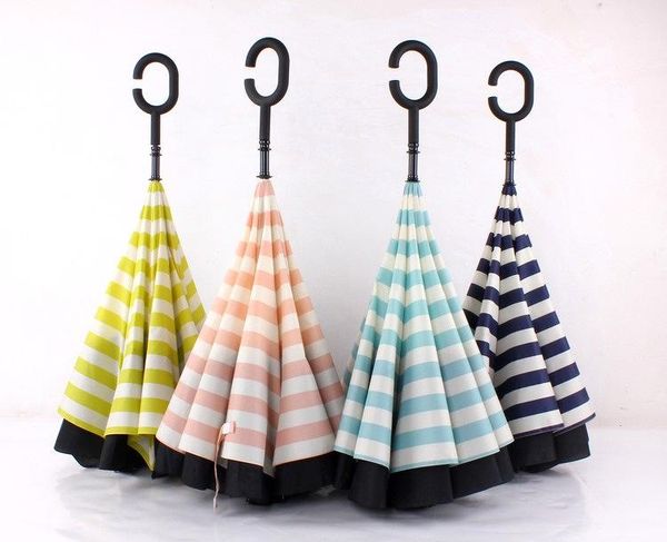 

umbrellas navy stripe inverted c-shape j-shape handle waterproof double layer reverse car umbrella paraguas rain