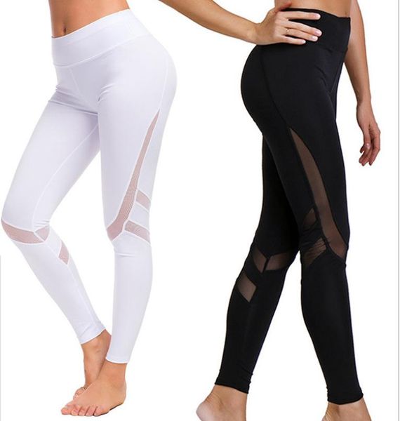 

yoga outfit black workout leggings white high waist mesh stitching running tights quick-drying breathable sports pants for womens