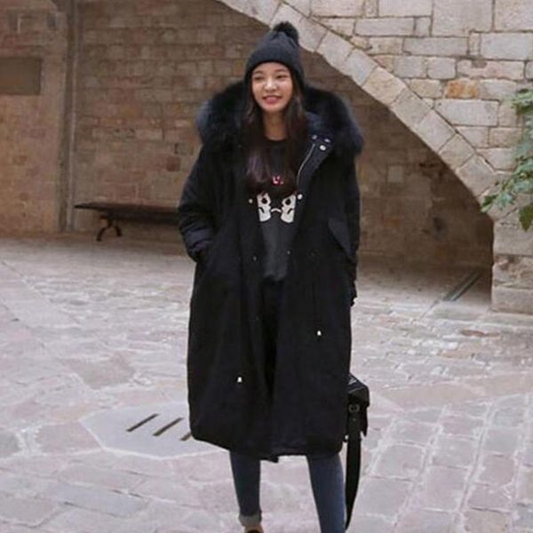 

women's trench coats 2021 korean version thick warm cotton long coat female winter medium fur collar solid color cotton-padded jacket w, Tan;black