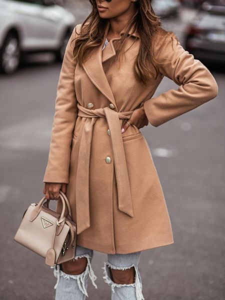 

women's wool & blends 2021 winter warm trench coat elegant long sleeve lace up solid black coats female autumn fashion casual outerwear