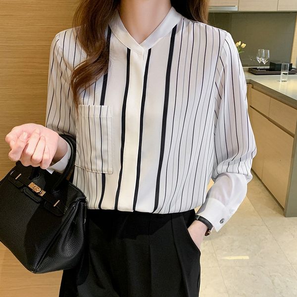 

women's blouses & shirts striped waistcoat of long-sleeve chiffon, ladies'shirt ol plus size 62hr, White