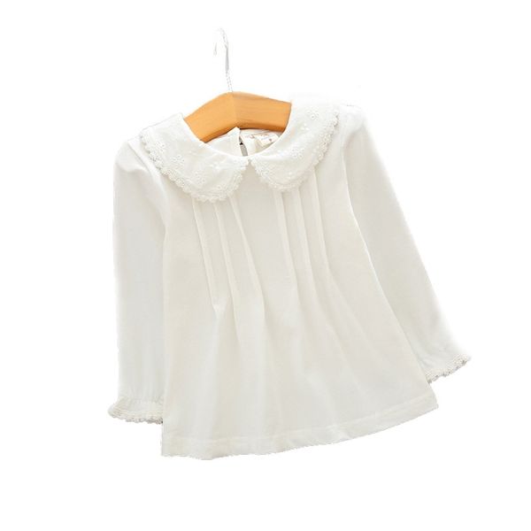 Meninas brancas blusas de algodão camisa de algodão outono inverno moda manga longa giro colarinho criança tops crianças roupas 210306