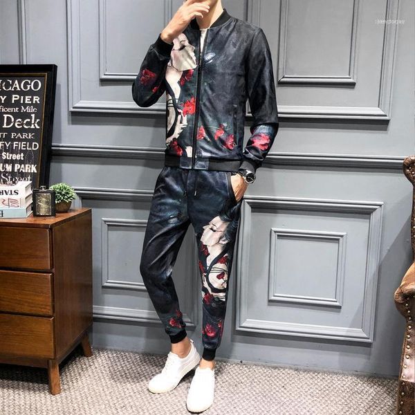 

fall clothing ropa hombre de marca designer tracksuit men girl face print jogginganzug herren (jacket+sweatpant)1, Black;brown