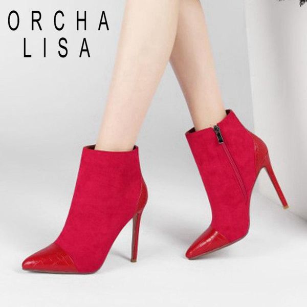 

boots orcha lisa 2021 women ankle pointed toe 12cm high thin heels flock patchwork class luxury big size 34-43 a3853, Black