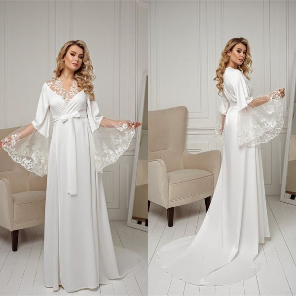 

women sleepwear one-pieces long sleeves v-neck custom made satin applique race floor-length designer pyjamas, White;pink