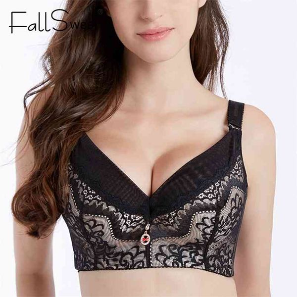 

fallsweet full coverage push up bras plus size bra with pad underwire lace beauty back brassieres d e cup 36 to 52 210728, Red;black