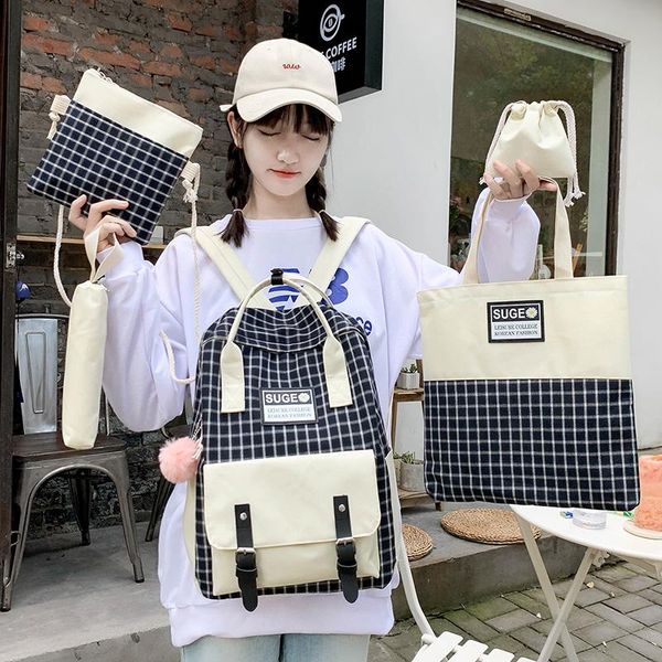

school bags 5 piece set backpack cute for teenage girls women canvas travel shoulder bag student kids rucksack