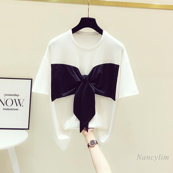 

women's t-shirt bow stitching loose short sleeve for women 2021 summer design all-match tees white black nancylim