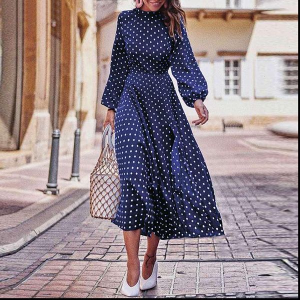 

polka dot print lantern sleeve blue dress women boho long dress elegant vintage stand collar long sleeve dress plus size, Black;gray