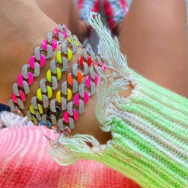 

2021 iced out women lady hip hop bracelet bangle with cz paved 8mm cuban chain enamel colorful beautiful wedding bracelet wholesale gifts, Golden;silver