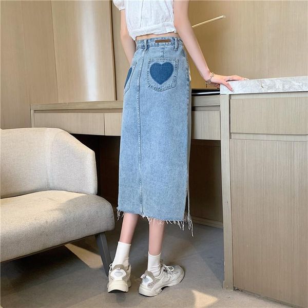 

skirts summer 2021 a- line denim skirt love slit burrs slimming mid-length, Black