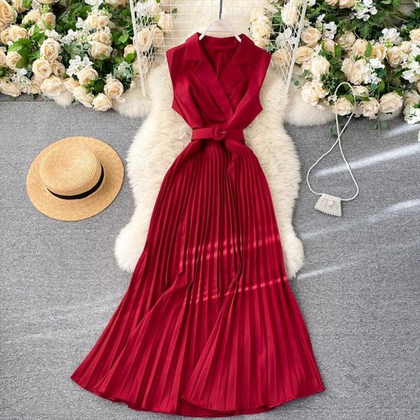 

vintage slim notched neck women dress bandage pleated long summer party ol elegant tank sundress tunic office, Black;gray