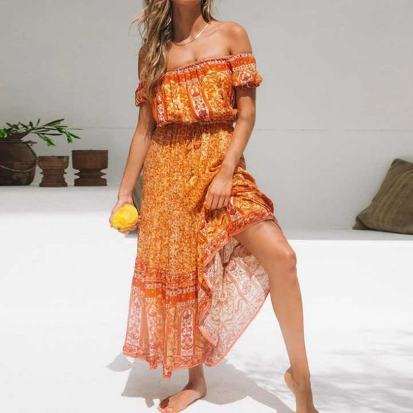 

2021 new off the shoulder long dress women beach wear vintage cotton orange flroal printed summer dresses female hlns, White