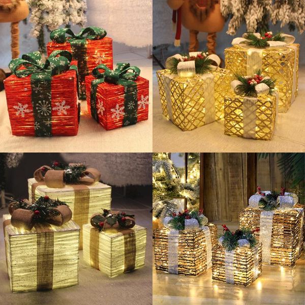 

gift wrap 15/20/25cm 3pcs/set hollowed out christmas decoration led box with bow 220v 100 lights iron year home party supplie