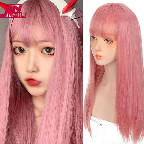 

synthetic wigs jinkaili women's long straight lolita wig black pink with bangs cosplay heat resistant fake hair
