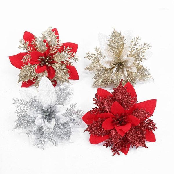 

christmas decorations 6pcs glitter fake artificial flowers merry tree decoration for home xmas ornament year's eve decorations1