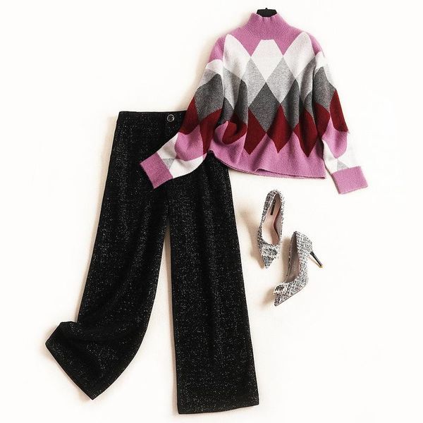 

women's two piece pants european rhombus plaid suit winter fashion contrast color sweater woolen wide leg 2 outfits set women, White