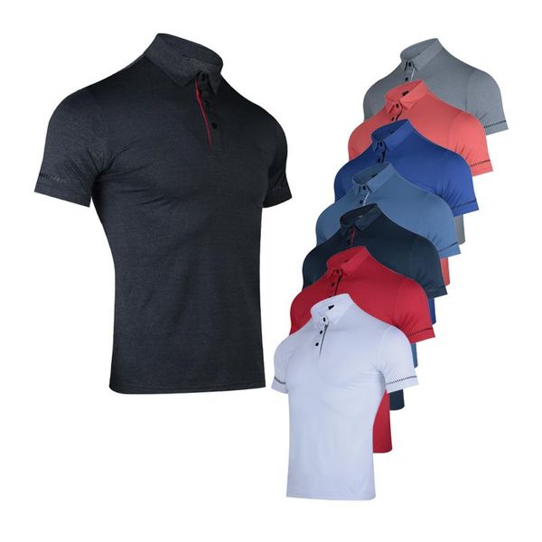 

men training t shirts casual lapel sport short sleeve quick dry outdoor golf tennis sportswear male brand gym shirts, Black;blue