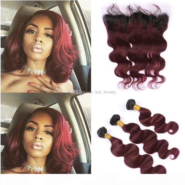 

new t1b 99j wine red ombre human hair wefts with frontal closure 4pcs lot body wave brazilian burgundy ombre 13x4 full lace frontal, Black