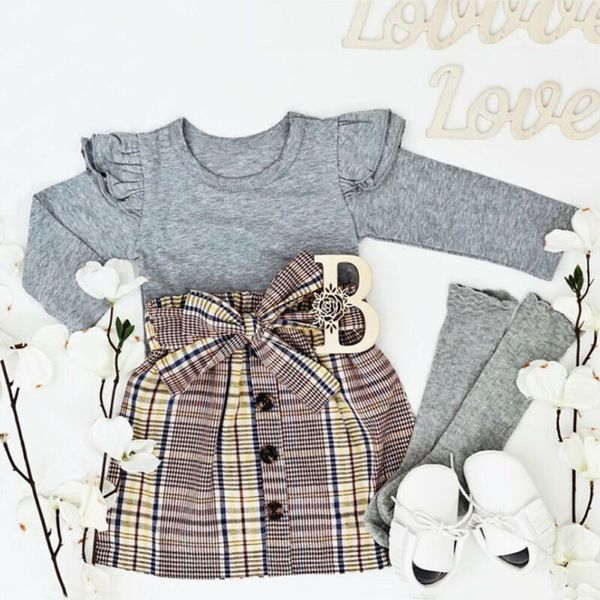 

baby girl clothes girls warm fly-sleeve long sleeve toddler bow plaid skirt kids outfit autumn winter 2pcs set, White