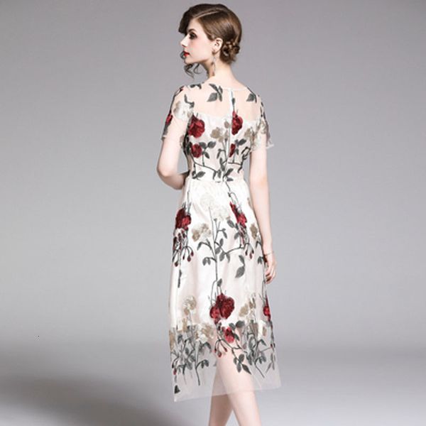 

summer new female mesh fine fashion design midi quality flower embroidered vintage dress cw6l, Black;gray